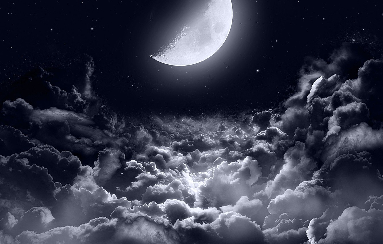 Wallpaper Dark Moon Clouds Stars Night Sky Moonlight Half