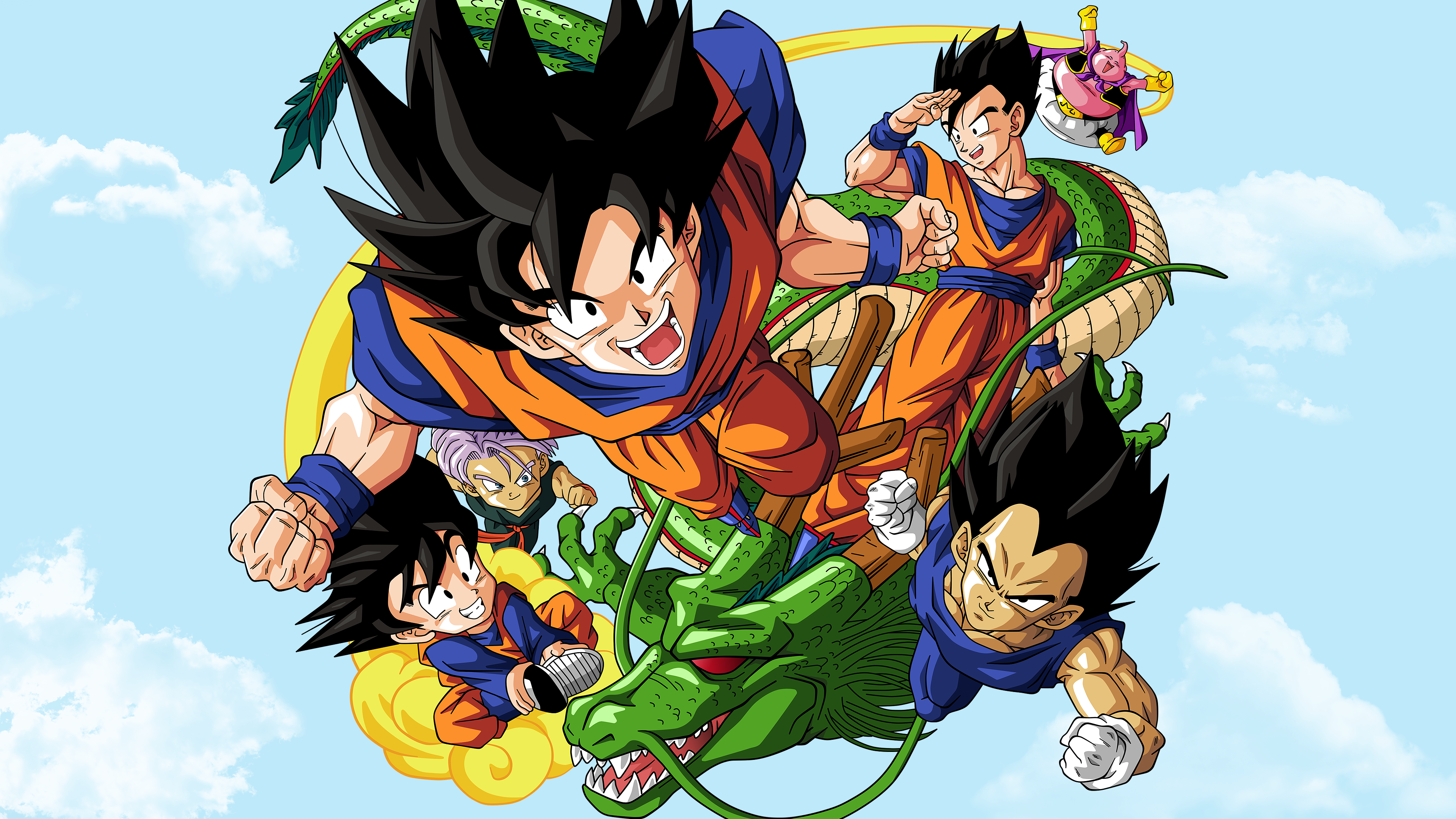 Group of Dragon Ball Z characters flying on a green dragon against a cloudy sky