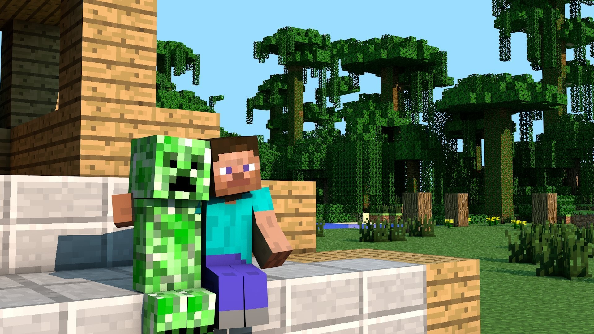 HD Minecraft Wallpaper: Steve and Creeper sitting together in a pixelated world