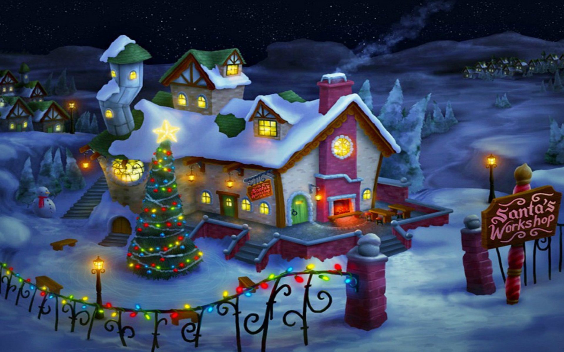 Santa's Workshop Christmas Computer Wallpaper: A whimsical depiction of Santa's workshop on a snowy night, complete with festive lights, a decorated Christmas tree, and a snowman
