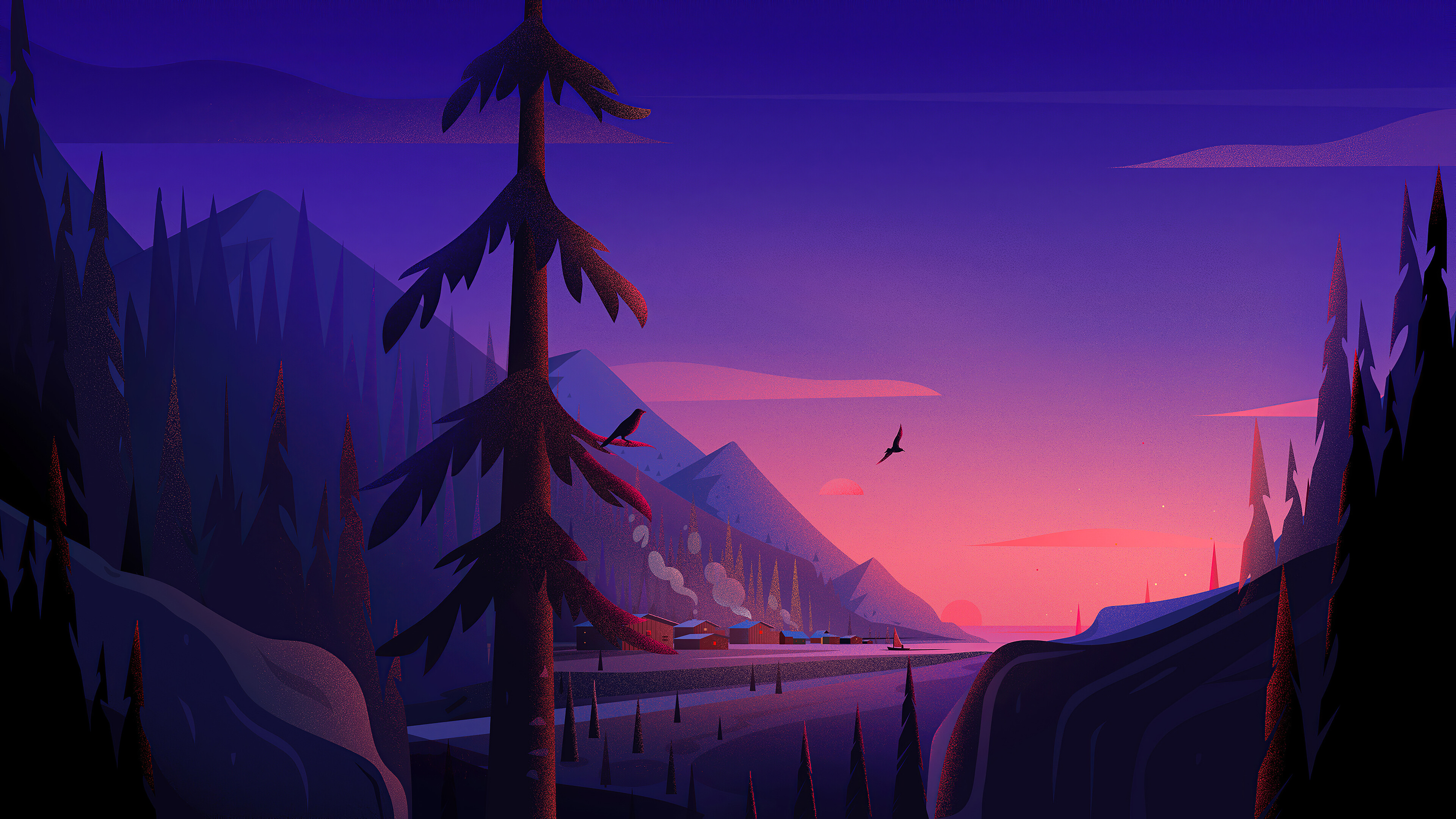 4K art wallpaper of a serene mountain valley at sunset, with a small village nestled among the trees and silhouettes of birds flying overhead