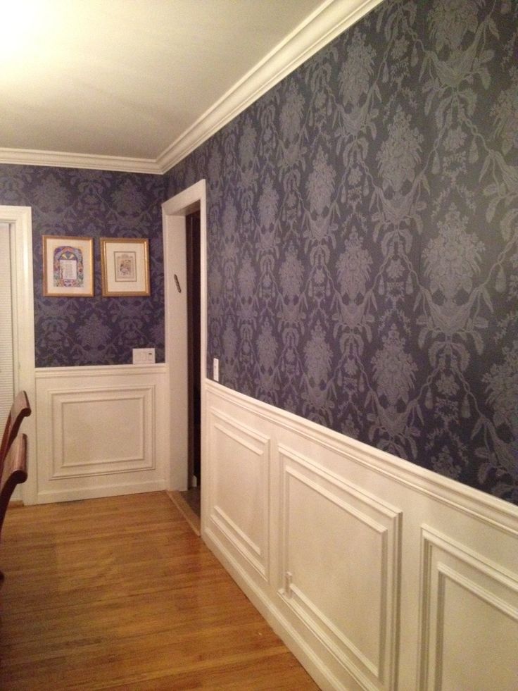 Navy Blue Damask Wall Paper And New Moulding Is Thibaut Hampton