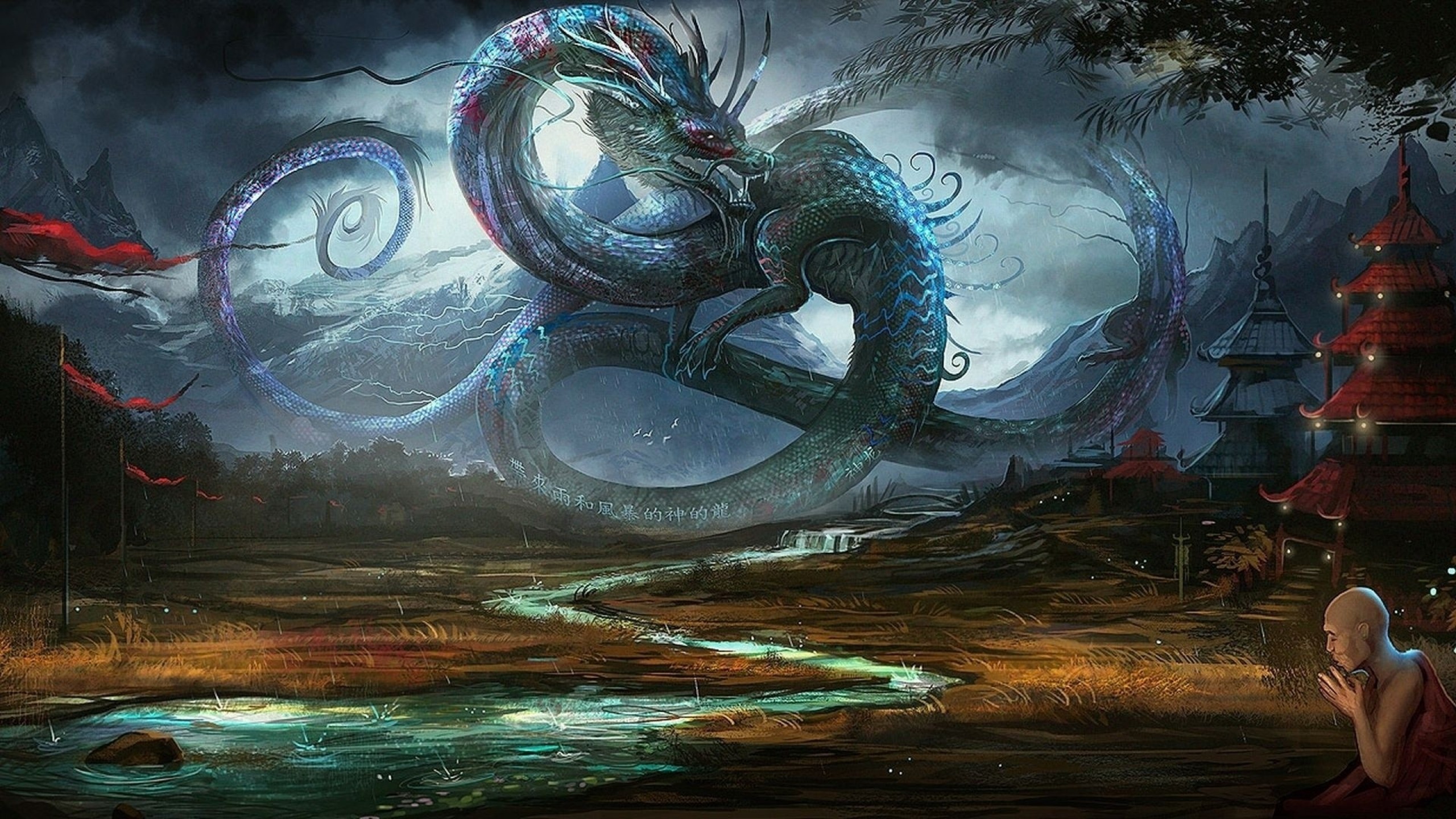 Water Dragons Rain China Legendary Flags Fantasy Art Artwork Low