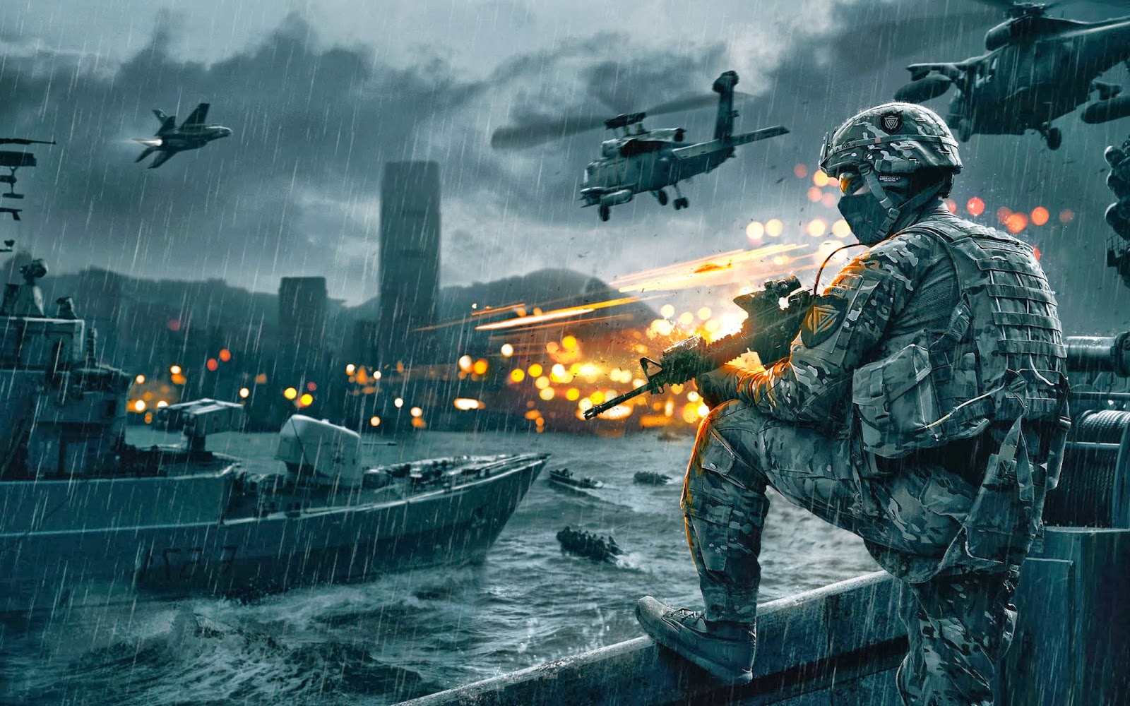 Military Soldier Rifle Raining Ship Helicopter Widescreen HD Wallpaper