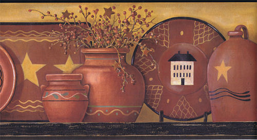 Country Rustic Folk Art Clay Pots And Plate On Shelf Wallpaper Border