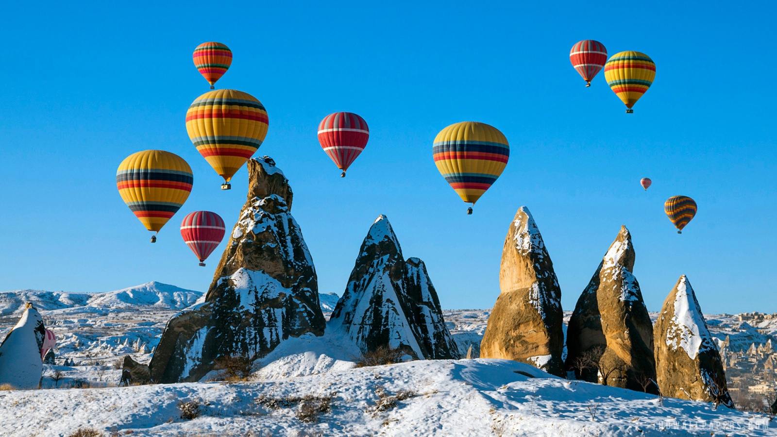 Balloons over Snowy Cappadocia Turkey HD Wallpaper   iHD Wallpapers