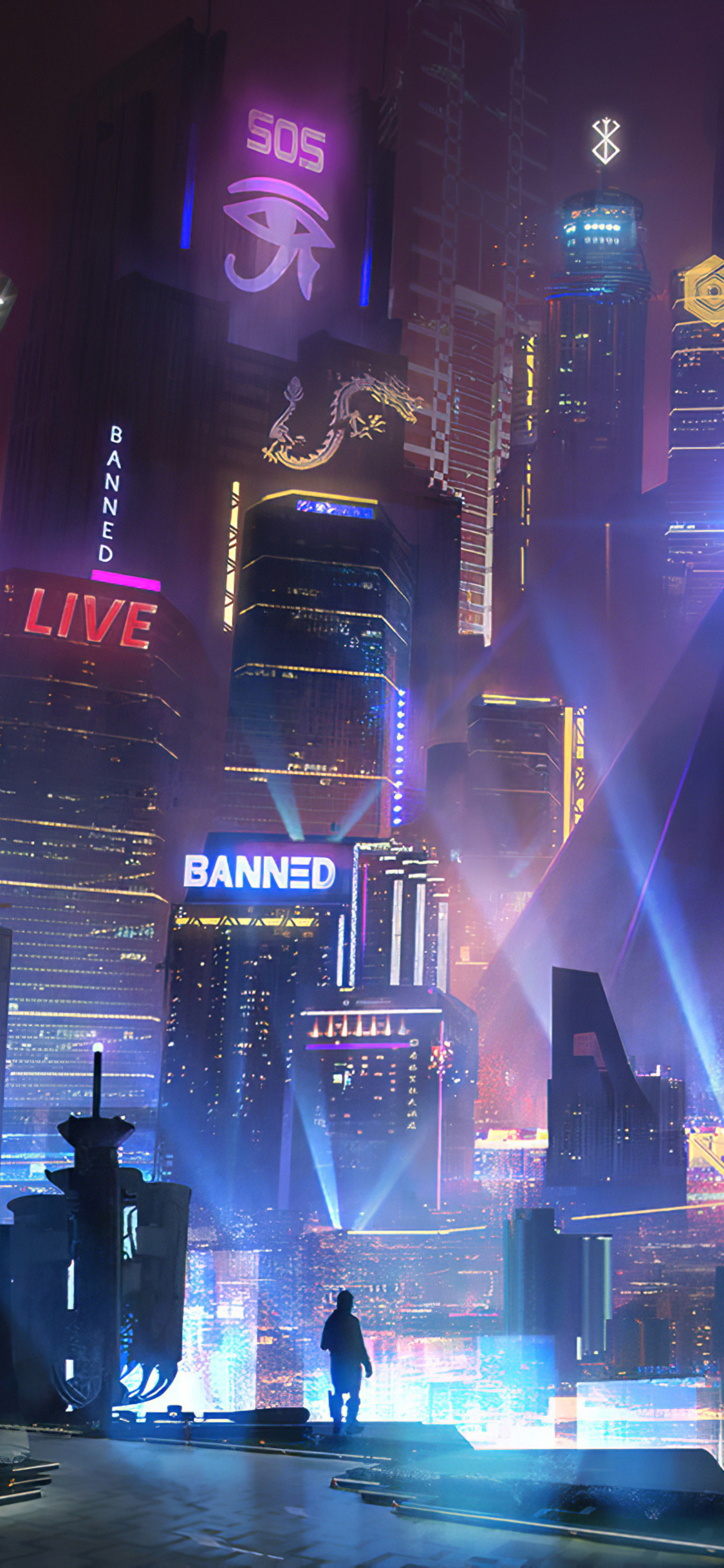 A cyberpunk city at night with bright neon signs, towering skyscrapers, and a lone figure overlooking the cityscape