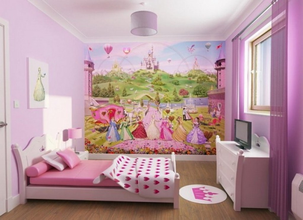 Teenage girls bedroom design with cute wallpaper and wooden floor