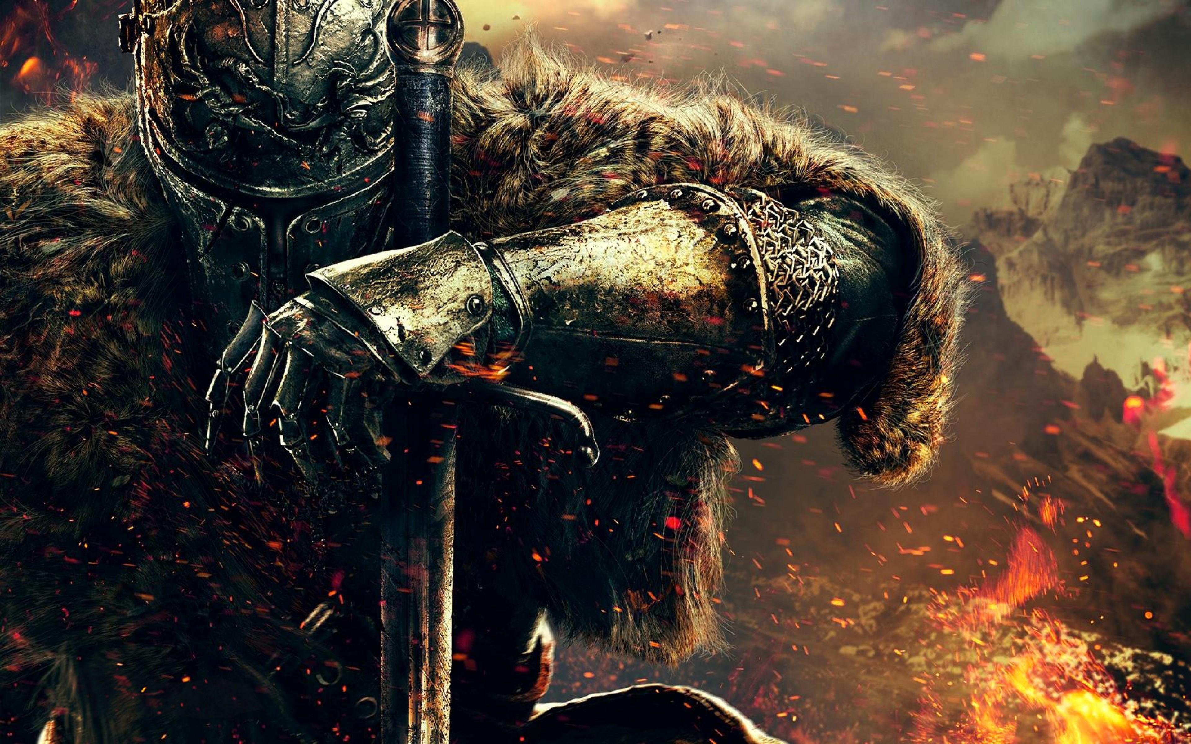 A knight in ornate armor, wielding a greatsword, stands against a backdrop of a fiery battlefield in this stunning 4k wallpaper