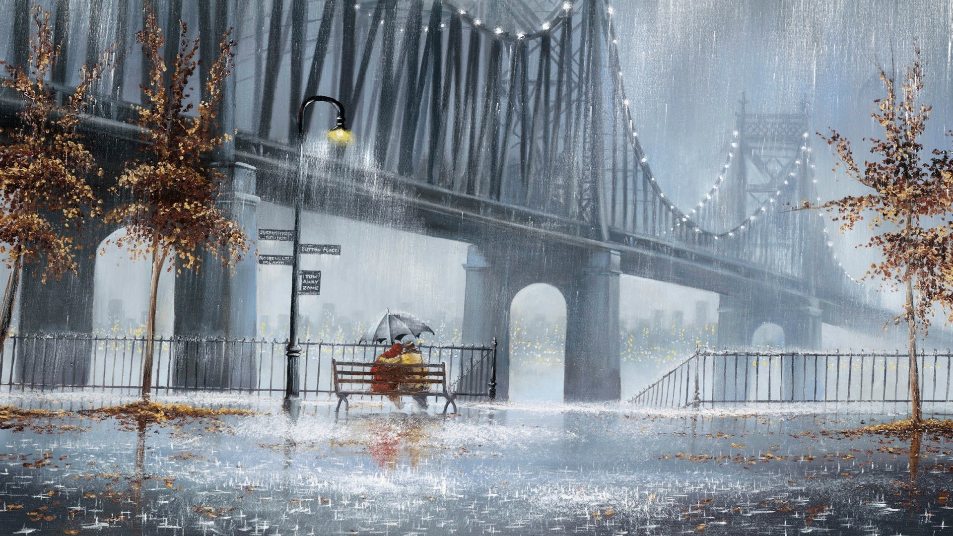 A couple shares an umbrella on a park bench under a bridge on a rainy day. The image evokes feelings of romance and peace amidst a bustling city