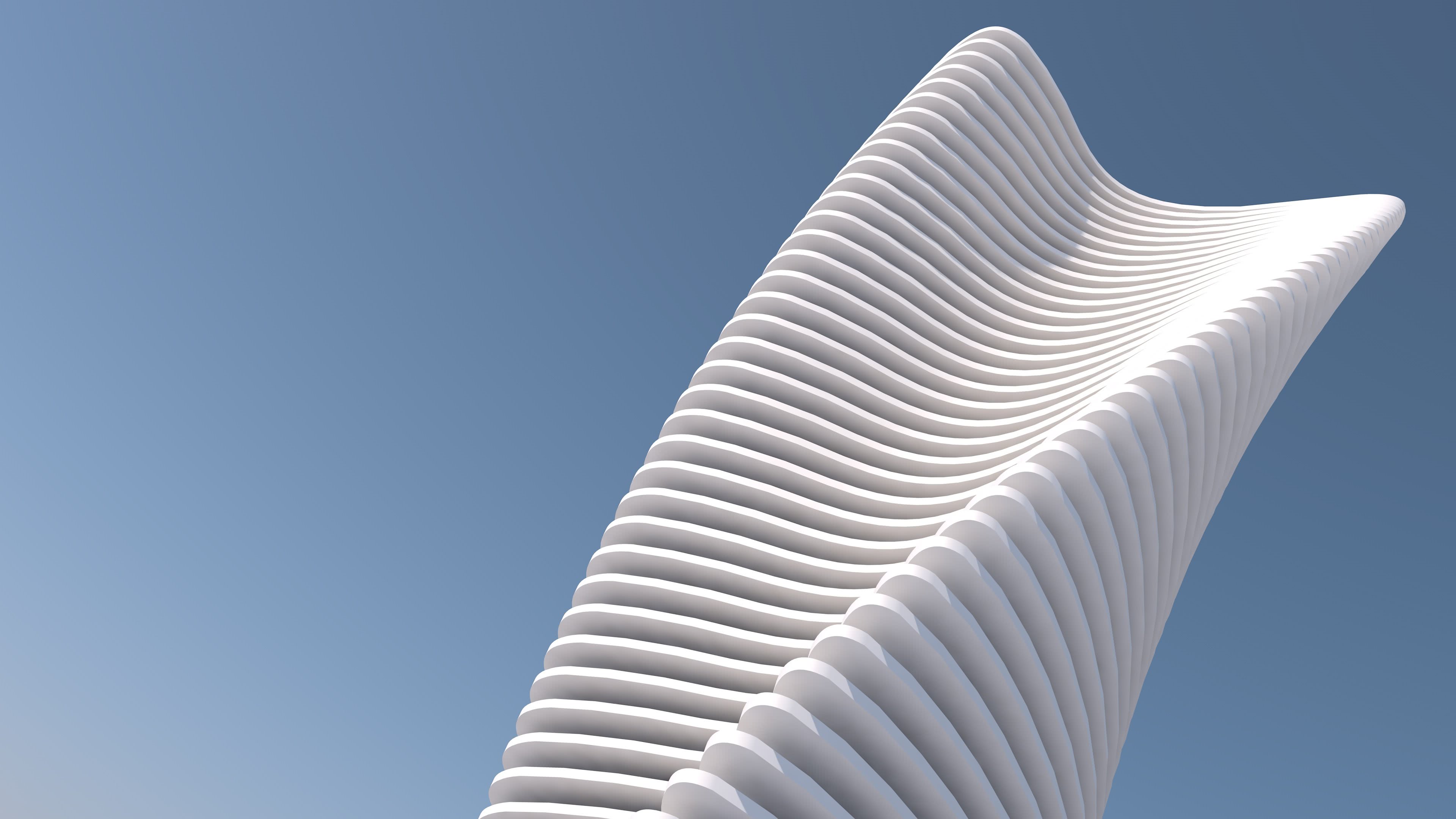 A minimalist 4k wallpaper featuring a white, abstract, flowing architectural structure against a clear blue sky
