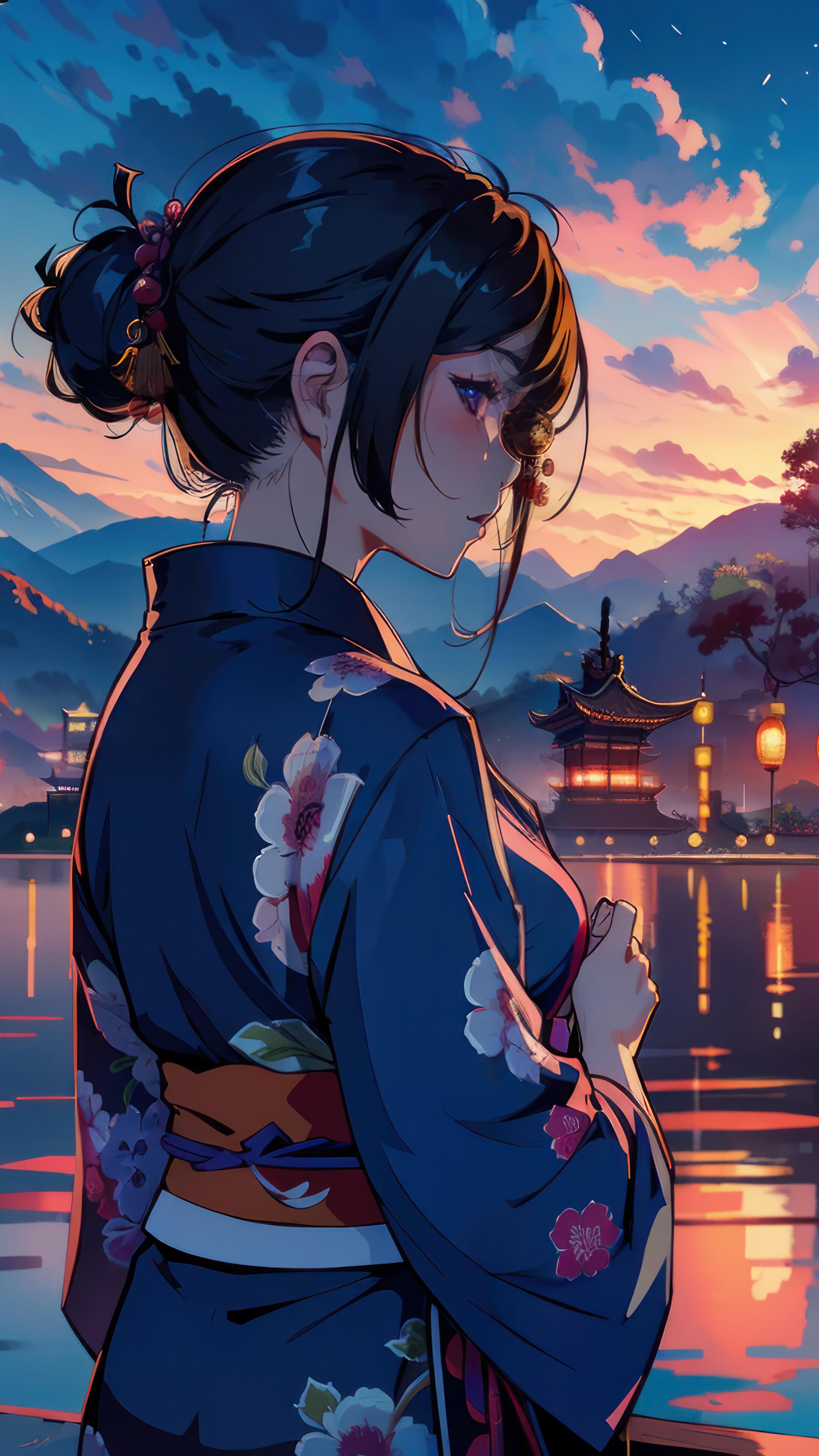 Anime Girl Kimono Japanese Castle 4K Wallpaper iPhone HD Phone 3191m