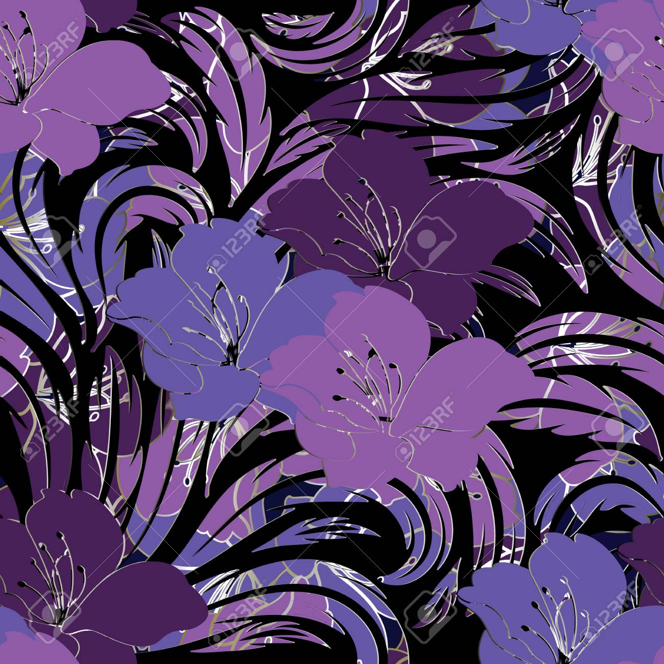Floral Seamless Pattern Vector Black Background Wallpaper