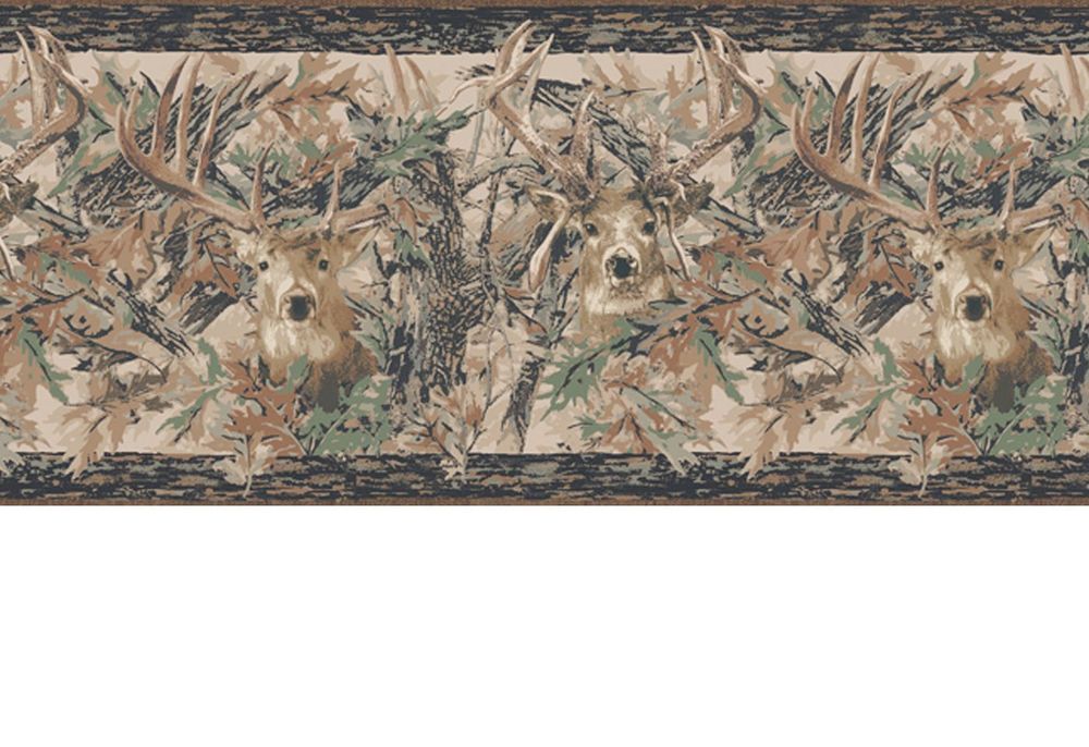 Camouflage Camo Leaves with Deer Head Lodge Wallpaper Border JL1062BD 1000x686