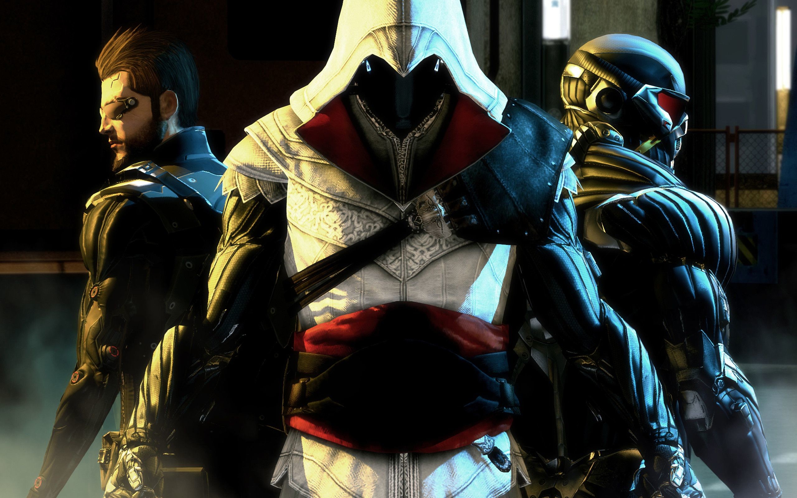 A 4K wallpaper featuring characters from popular video game franchises, including Assassin's Creed, Deus Ex, and Crysis