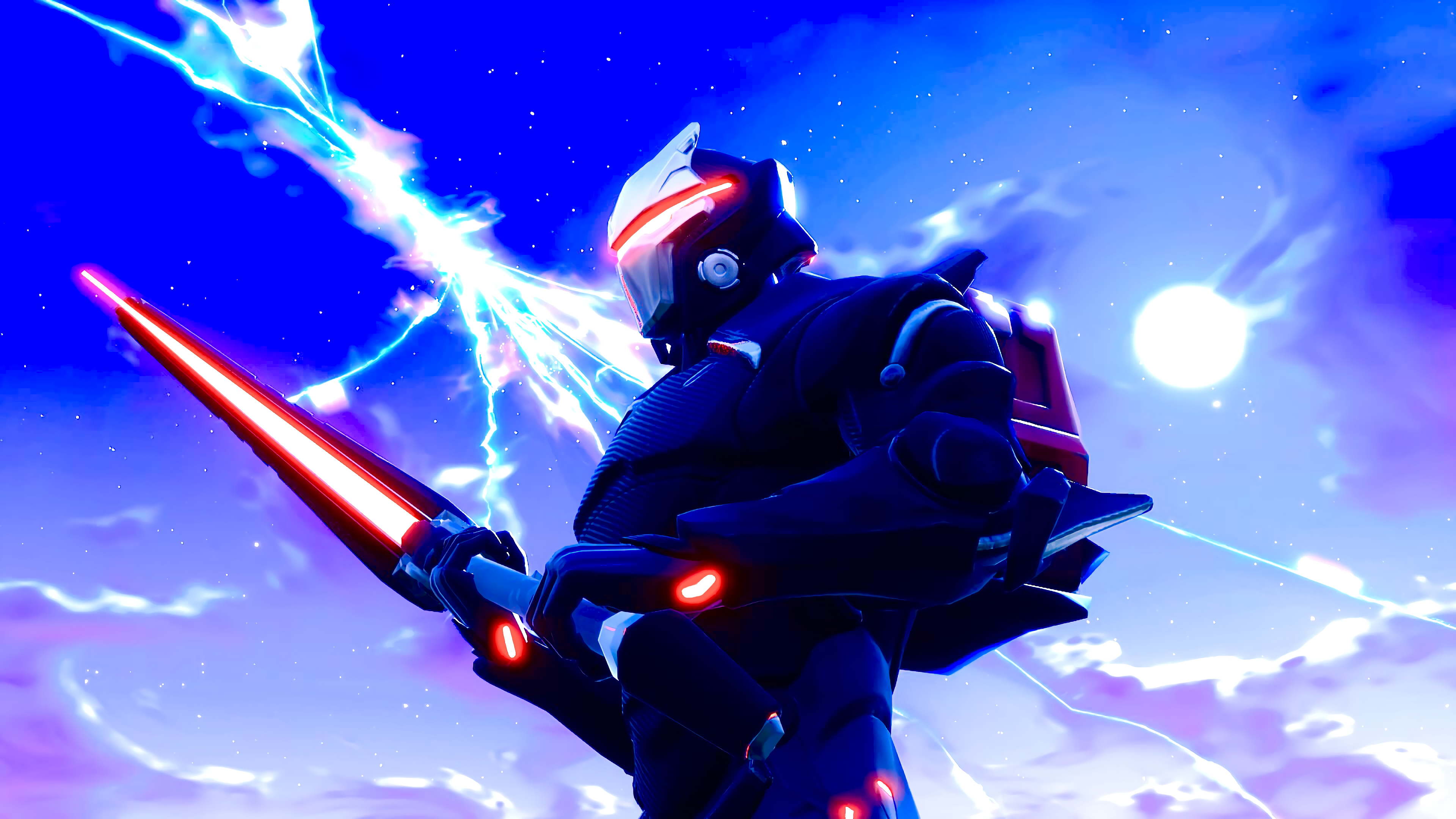 A Fortnite character in a futuristic black and white suit wields a glowing red lightsaber against a dramatic backdrop of lightning and a full moon