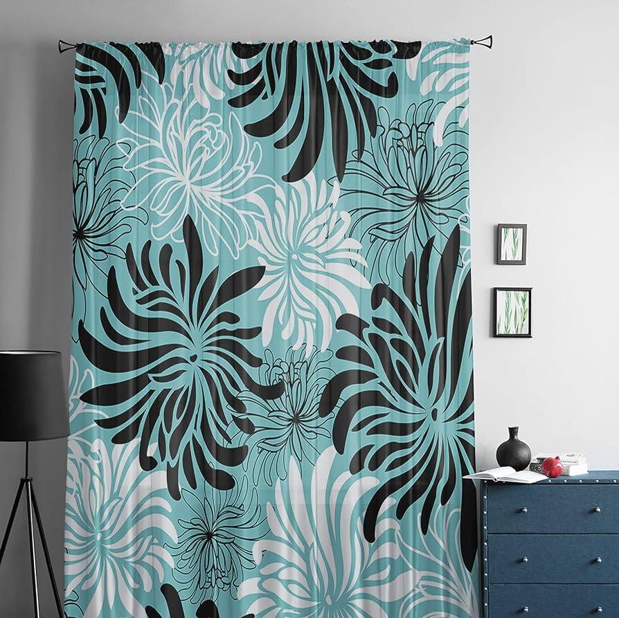 Amazon Teal Black White Spring Floral Sheer Curtains Drapes
