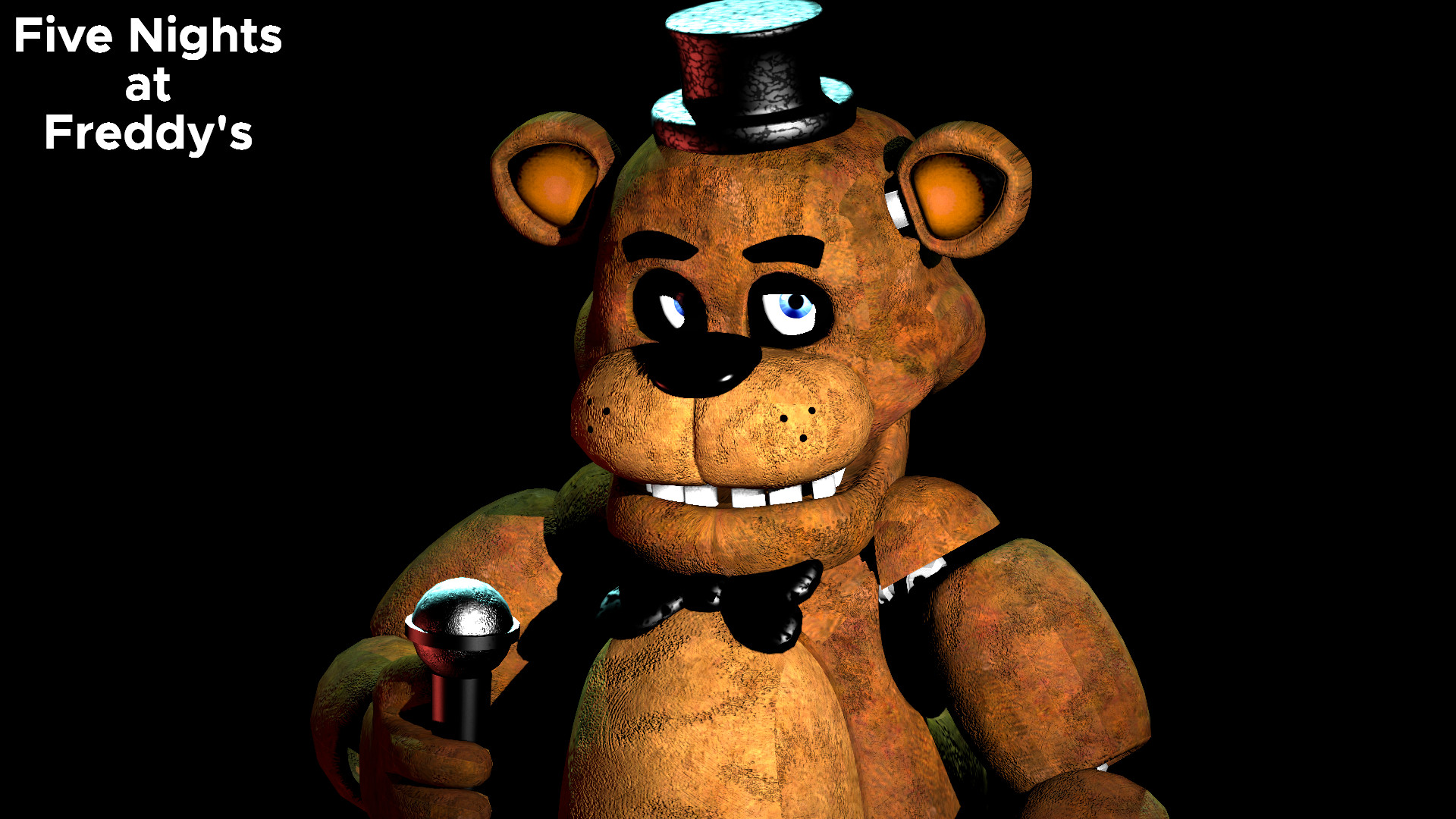 Freddy Fazbear, the main antagonist of Five Nights at Freddy's, holding a microphone against a black background