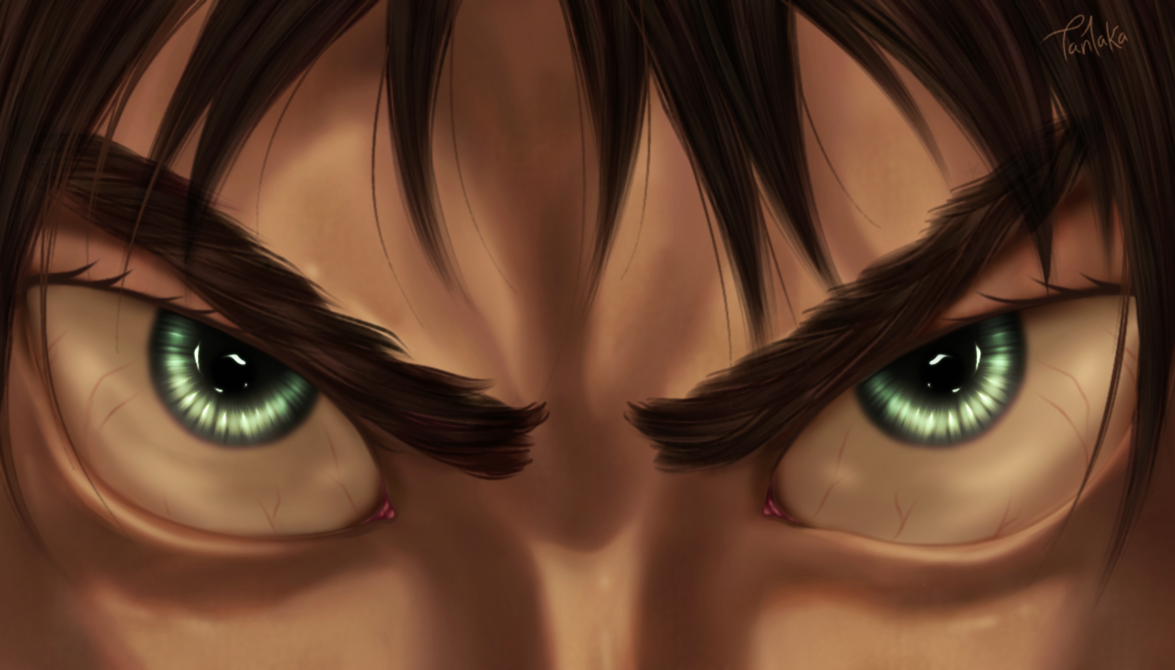 Close-up of Eren Yeager's intense gaze from Attack on Titan, showcasing his fierce determination and vibrant green eyes