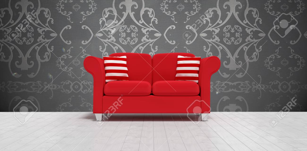 3d Illustration Of Red Sofa With Cushions Against Elegant