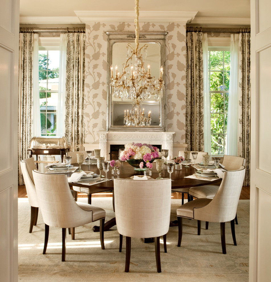 Gorgeous Dining Room Gold Chandelier Floral Wallpaper Chairs Tufted