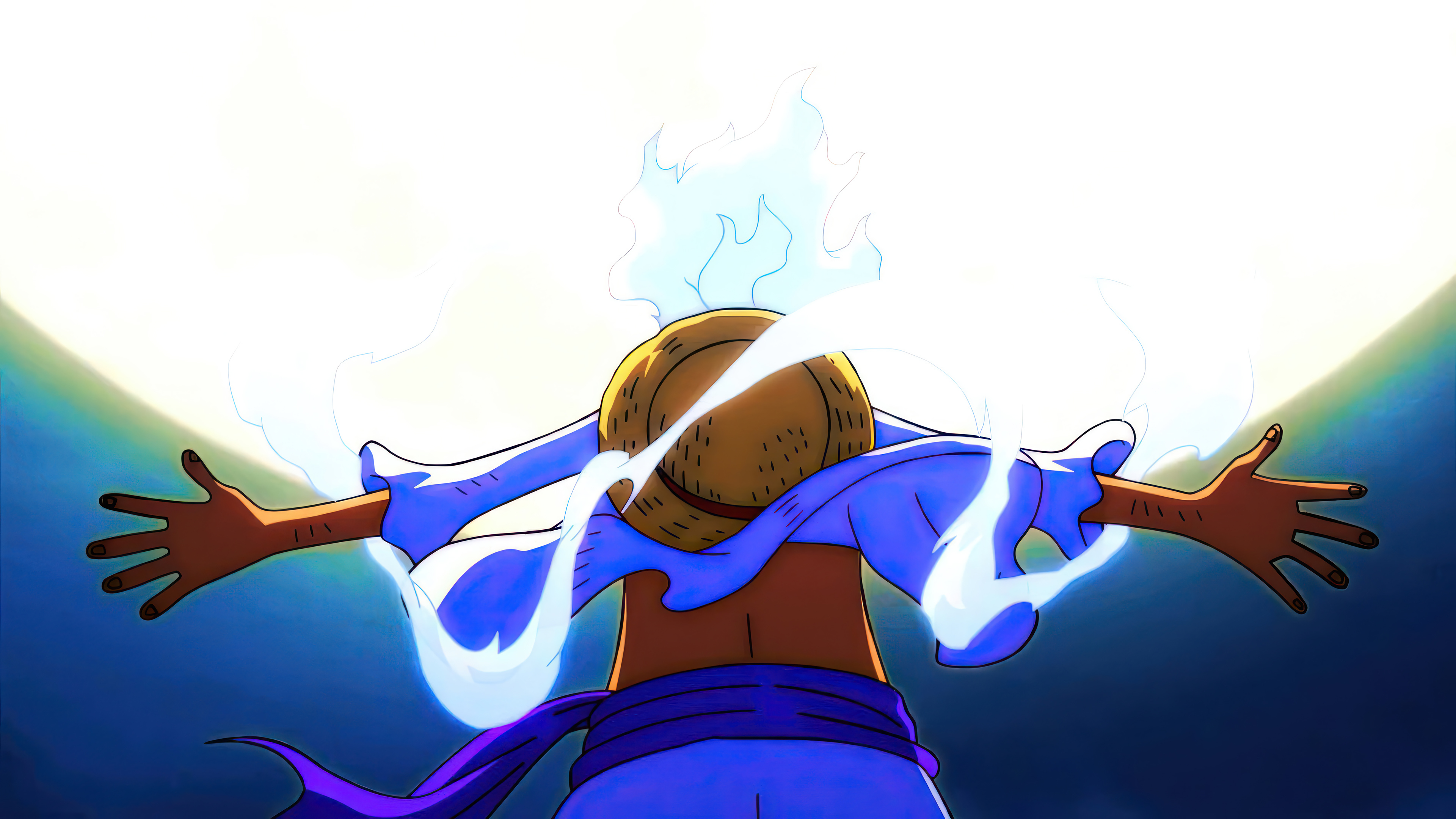 Monkey D. Luffy using Gear 5 in One Piece, against a bright background