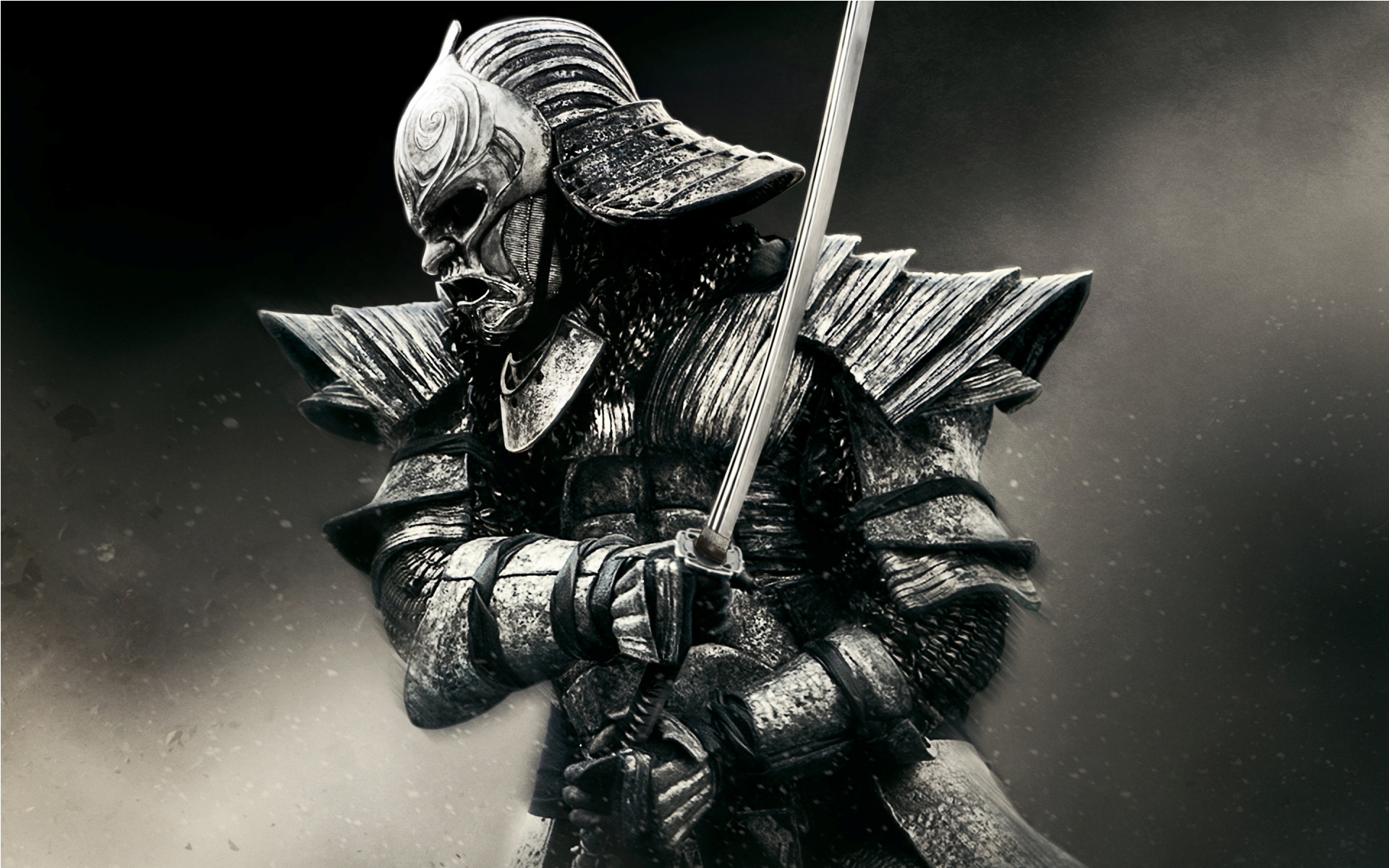 A powerful samurai warrior in intricate armor, gripping his katana with determination against a dark, atmospheric backdrop