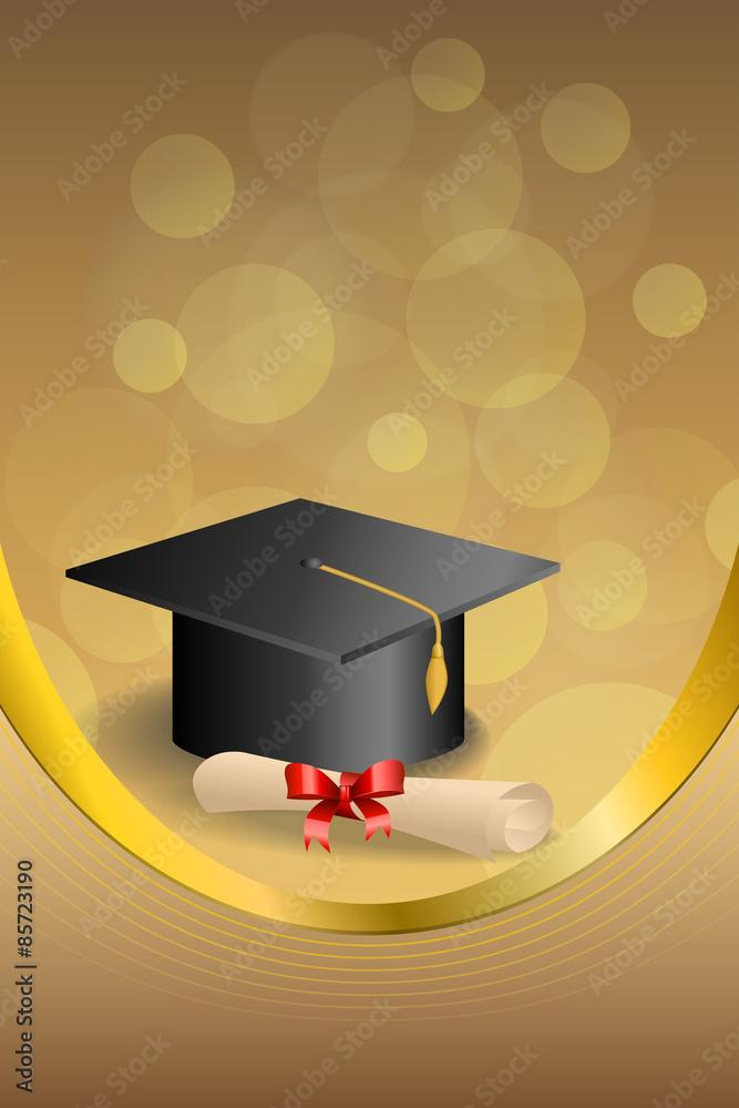 Beige Education Graduation Cap Diploma Red Bow Frame Vertical Gold