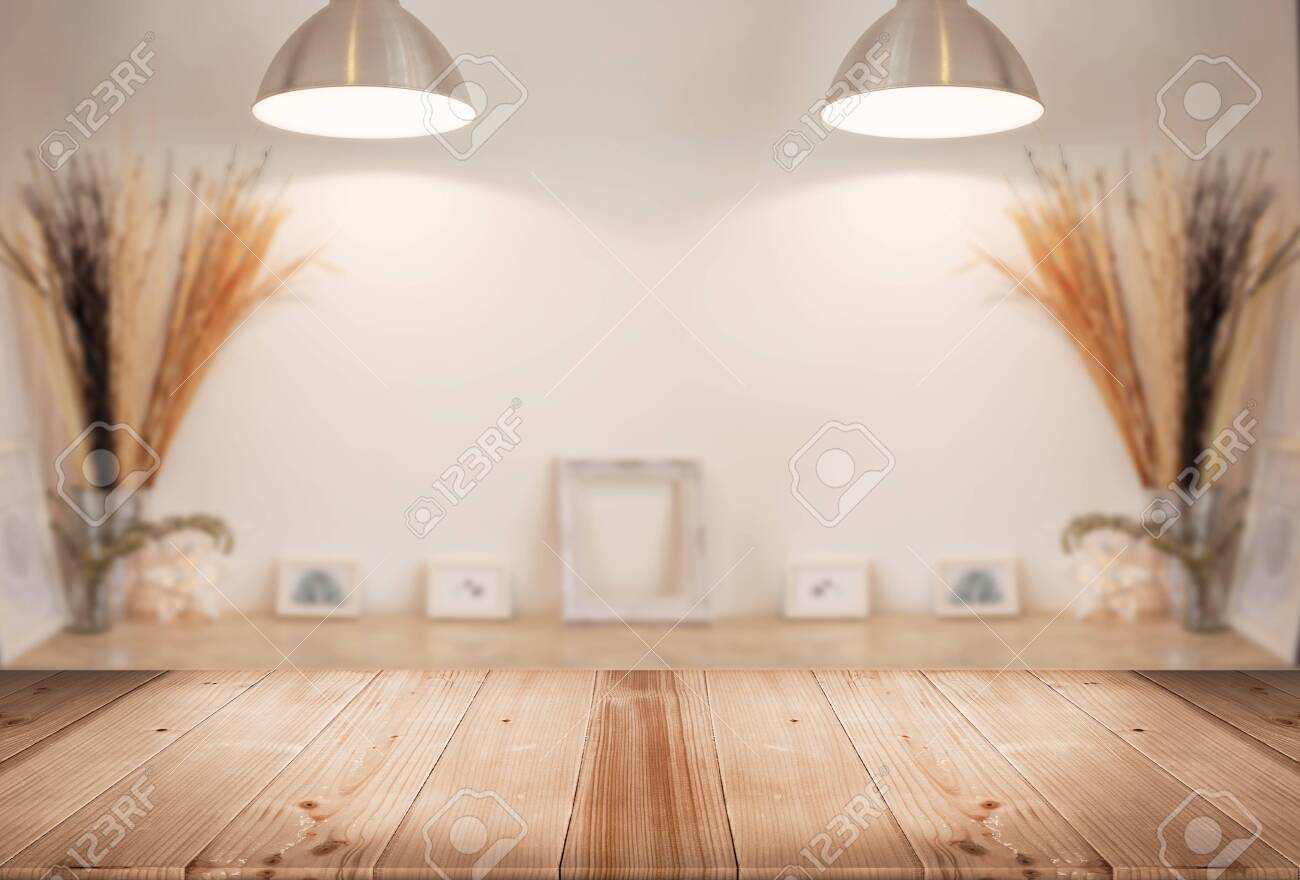 Wood Tabletop Counter With Blur Gallery Living Room Background