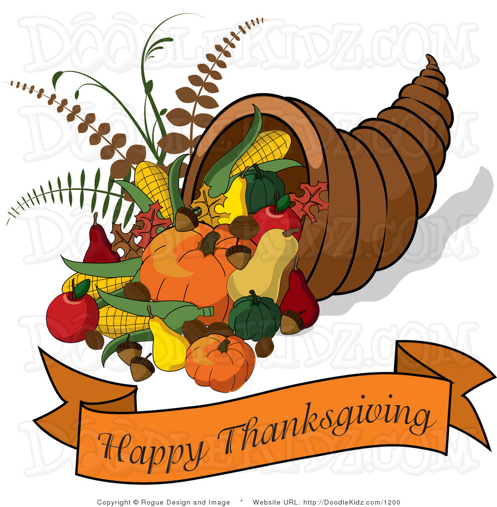 Clip Art Illustration Of A Cornucopia With Happy Thanksgiving Banner