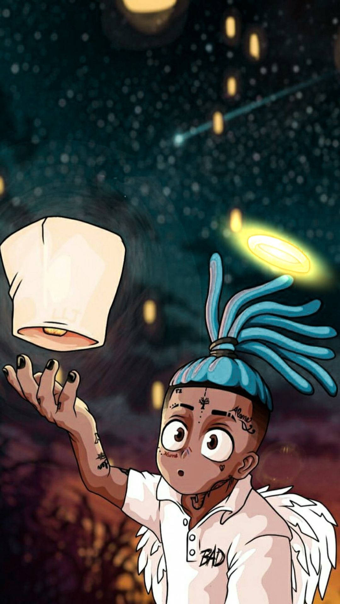 Anime-style XXXTentacion with angel wings reaching for a floating lantern against a starry night sky