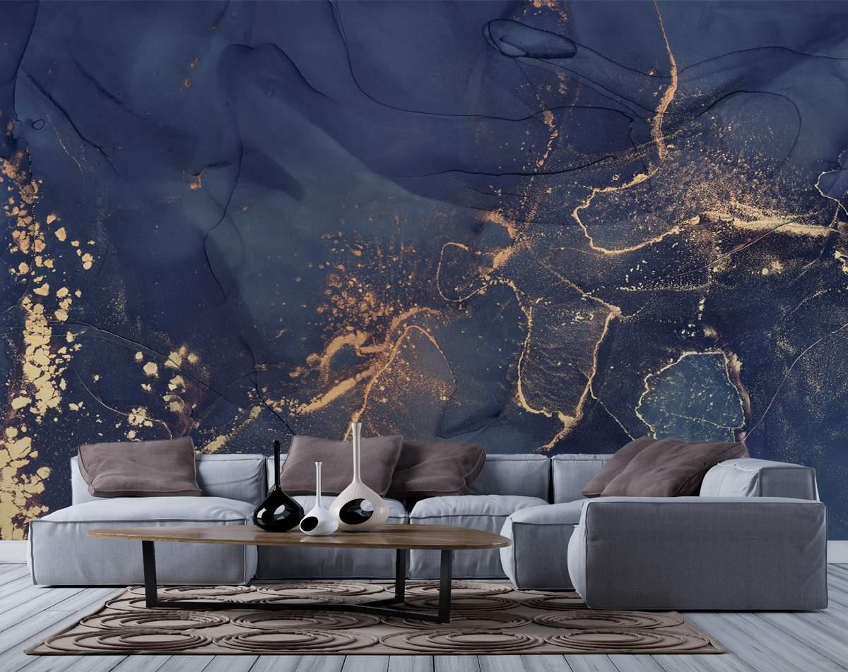Navy Blue And Gold Marble Mural Abstract Wallpaper Roll Home Decoram