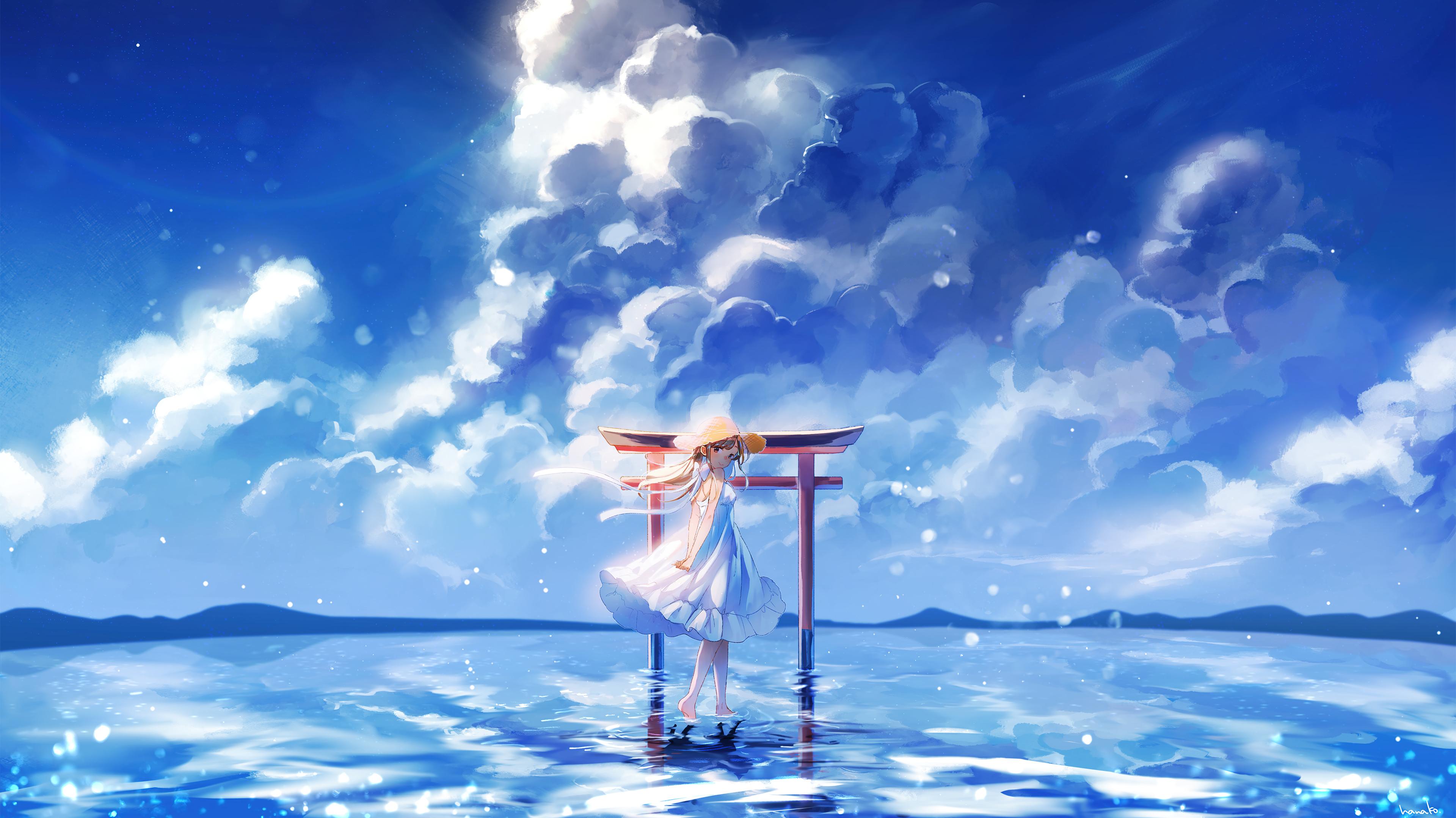 Anime Girl Art Ocean Clouds Sky Scenery HD 4k Wallpaper