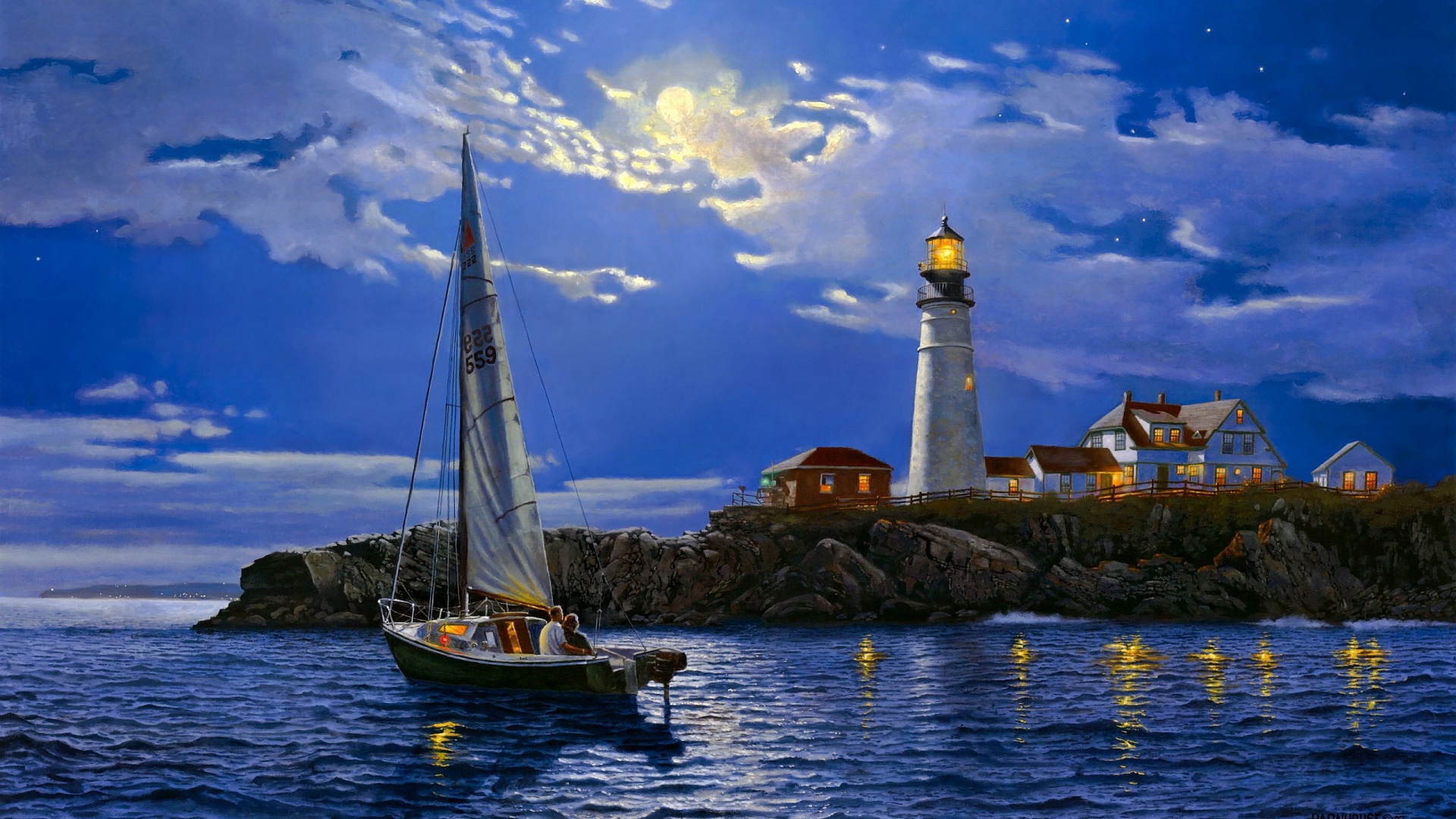  boats architecture lighthouse night mood sky clouds moon wallpaper