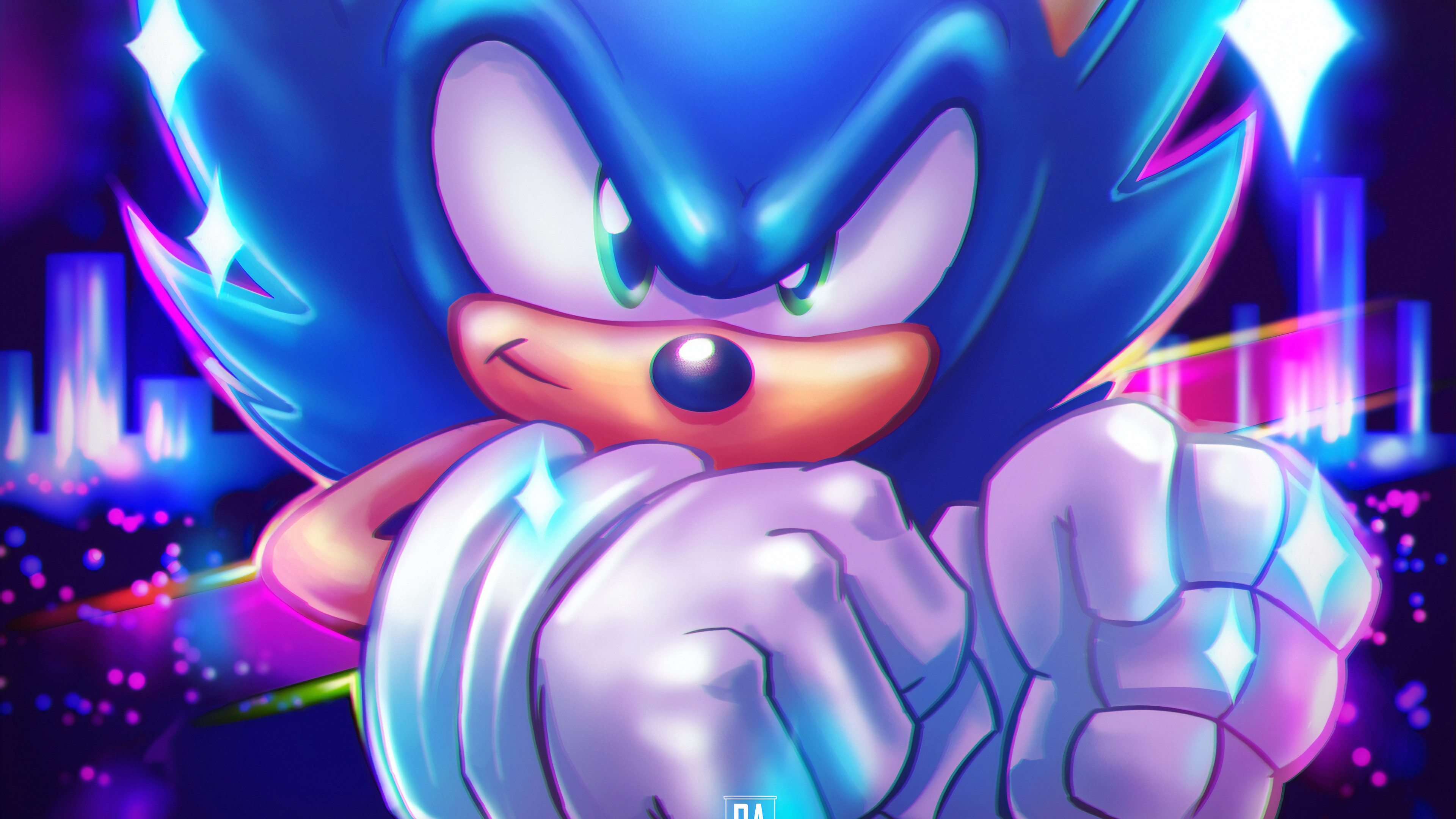 Close-up of Sonic the Hedgehog with fists raised against a vibrant, neon-lit cityscape backdrop