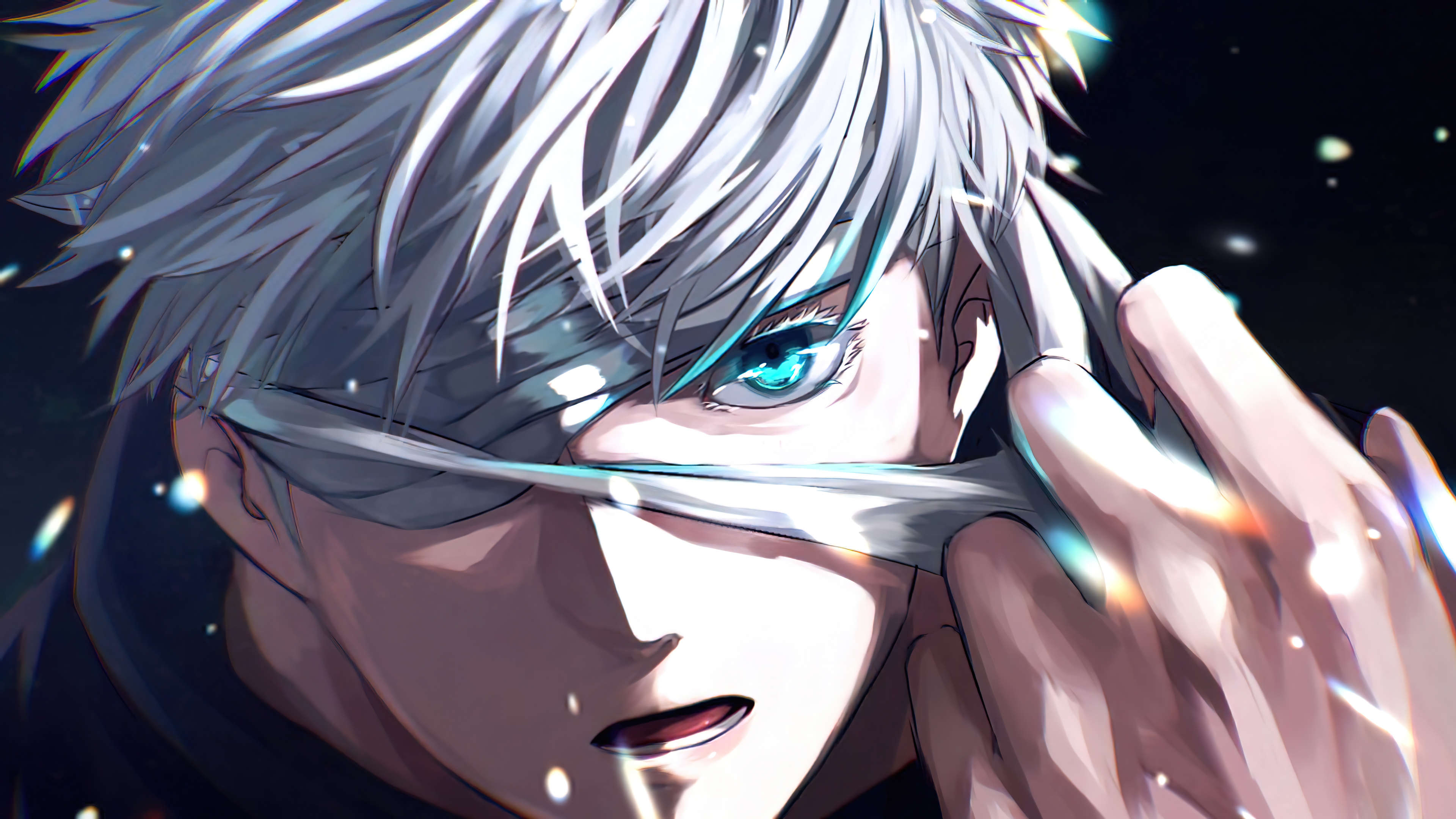 Close-up of Gojo Satoru with his hand pulling down his blindfold, revealing one vibrant blue eye. White hair and dramatic lighting add intensity