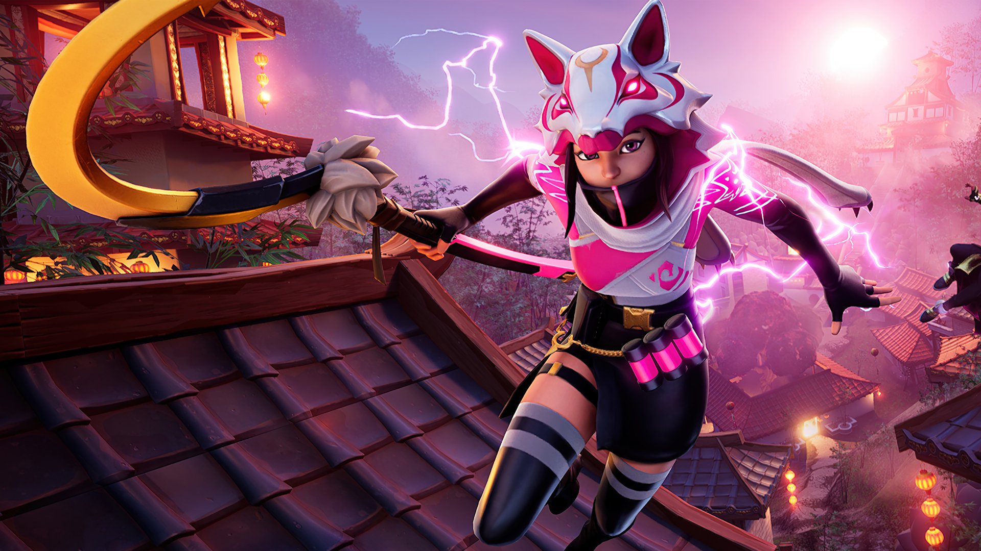 A Fortnite character with a fox mask and pink outfit leaps across rooftops in a Japanese-inspired setting, wielding a kama and surrounded by purple lightning effects