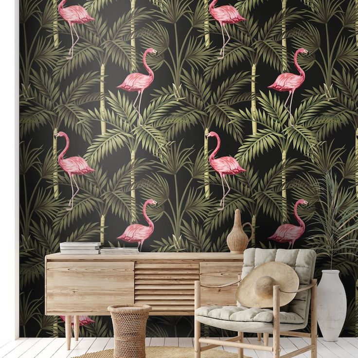 Flamingo Wallpaper Palm Trees Vintage Style Jungle Print