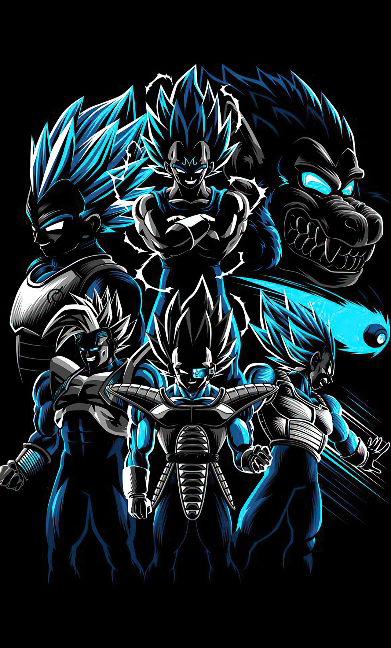 A vibrant illustration featuring various forms of Vegeta from Dragon Ball Z, including Super Saiyan Blue, Great Ape, and armored Saiyan forms