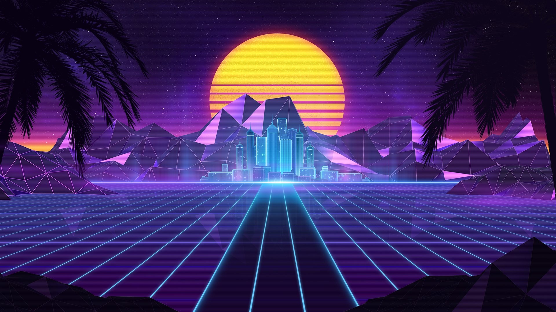 Retrofuturistic neon cityscape at sunset with palm trees and glowing grid, in vibrant synthwave style