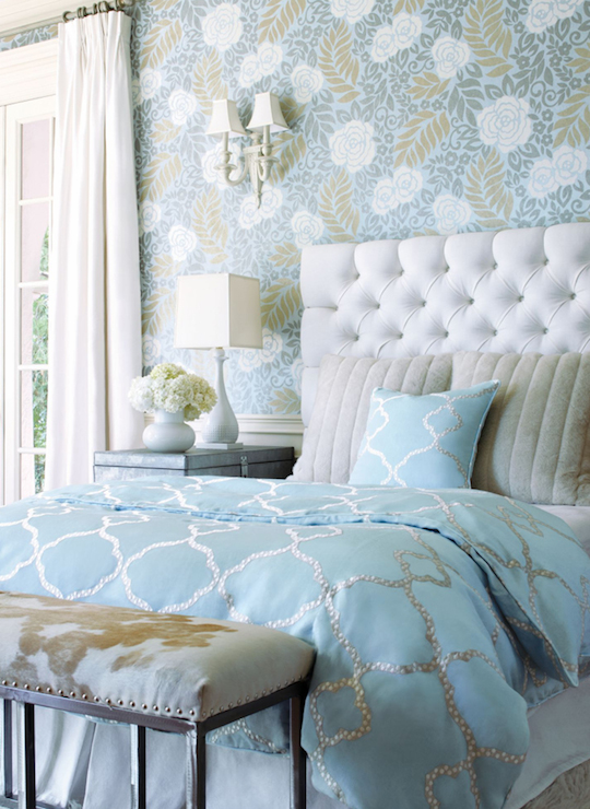 Stunning Bedroom With Thibaut Yvette Wallpaper Framing White Button