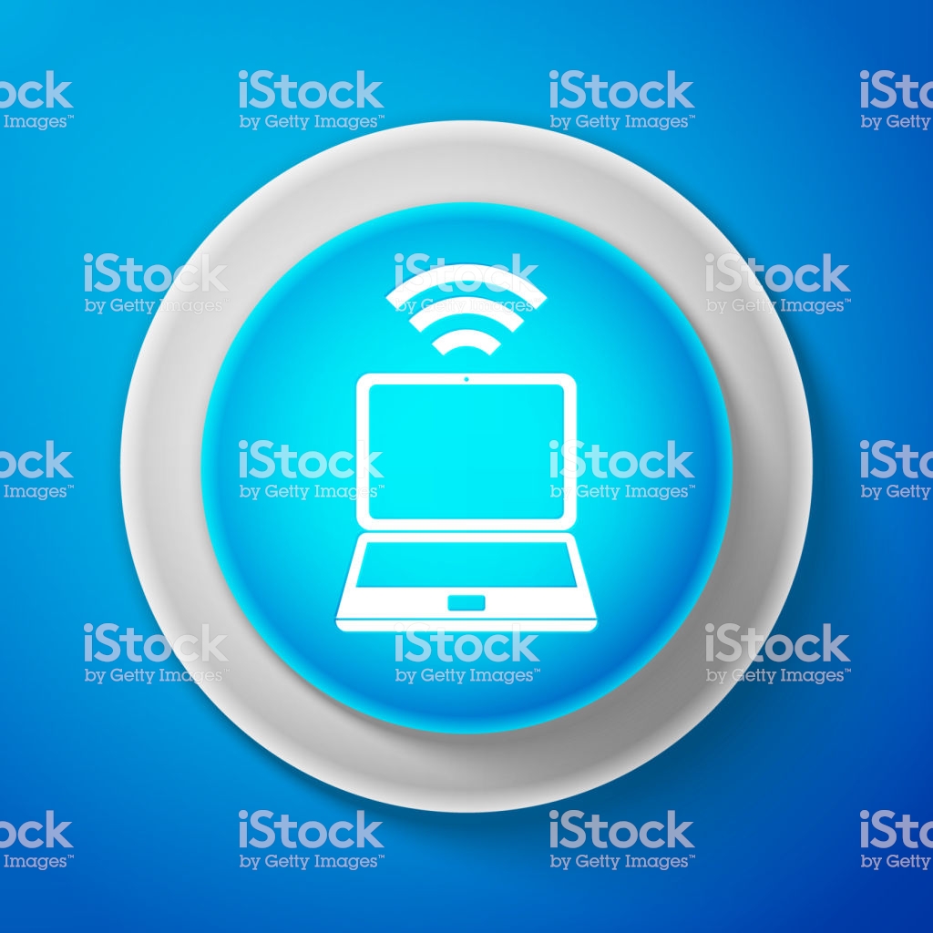 White Laptop And Wireless Icon Isolated On Blue Background