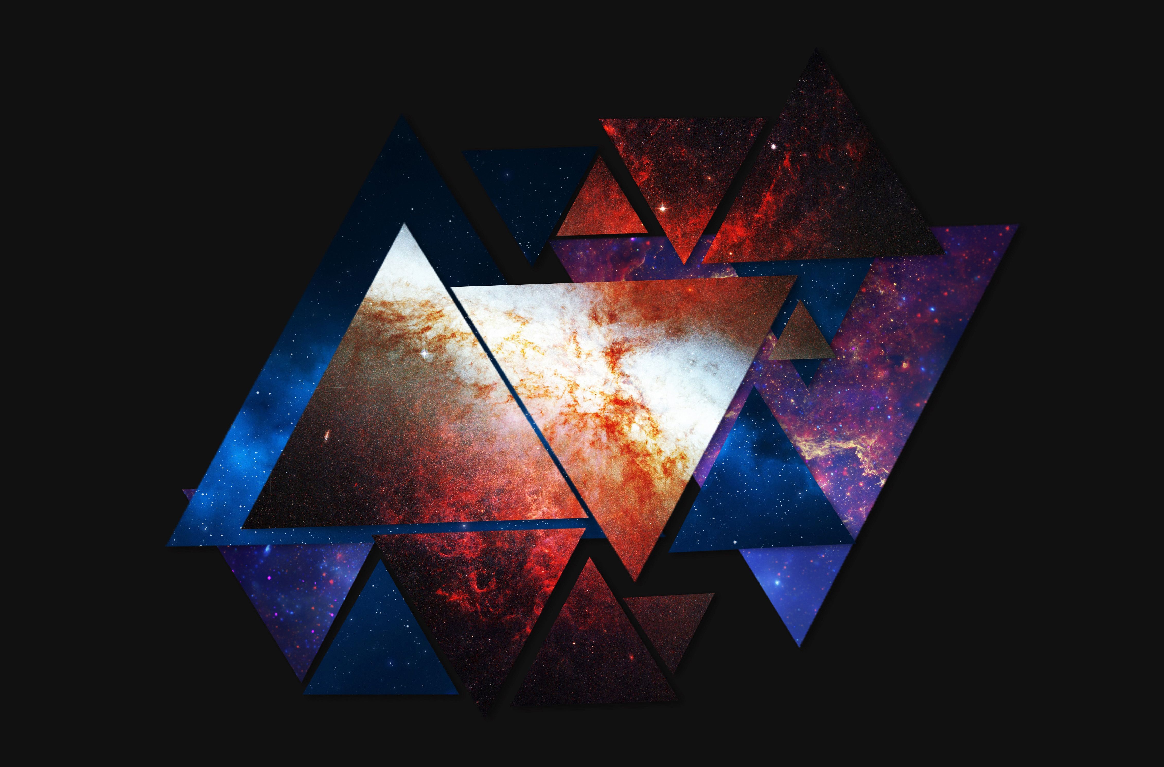 Abstract 4k wallpaper featuring a geometric design of overlapping triangles filled with colorful nebulae and star fields, set against a dark background