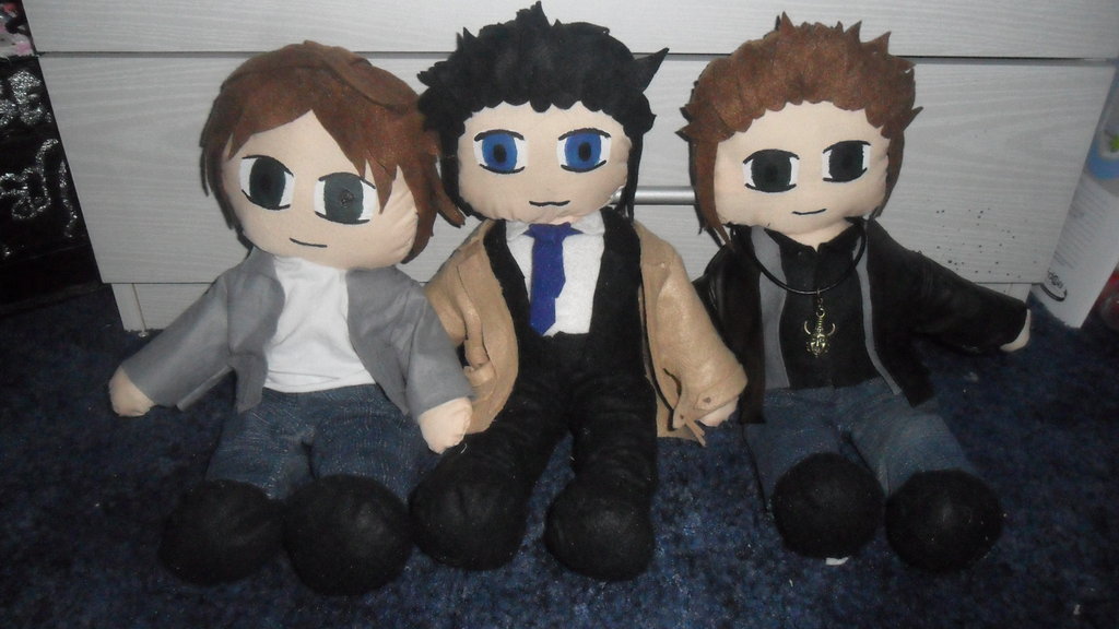 Sam Dean and Castiel Supernatural Plushies by lilkimmi27