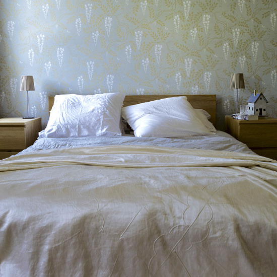 Keeping The Headboard Low Allows Wallpaper To Take Center Stage