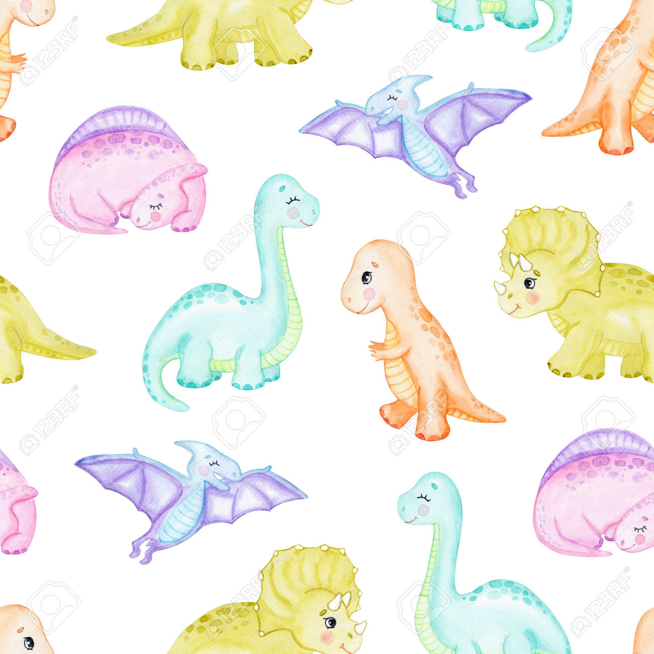 Watercolor Baby Dinosaur Seamless Pattern On White Background