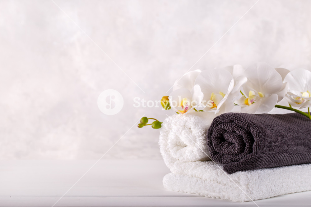 Spa Massage And Wellness Gray White Towels Orchids On Grea