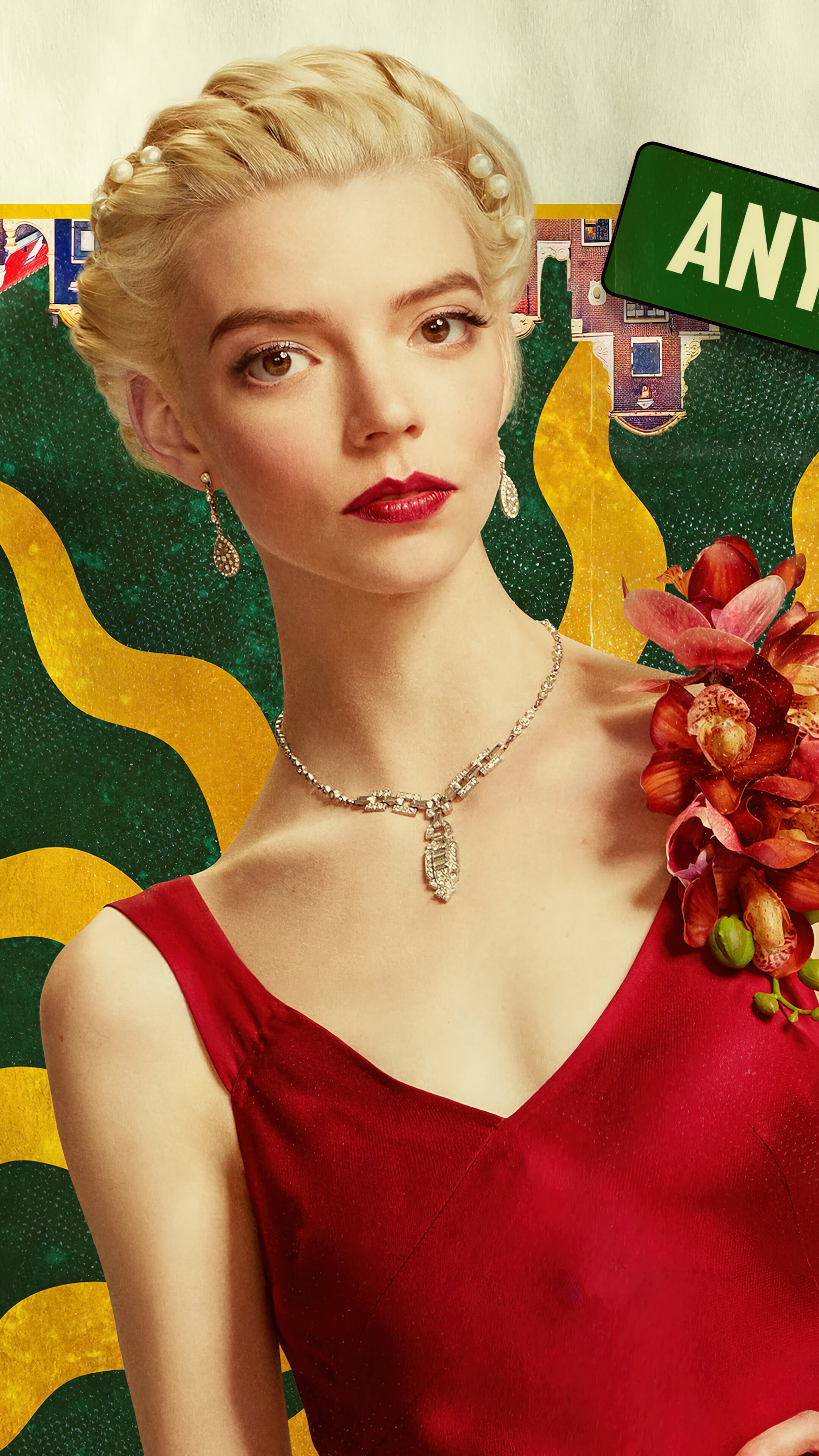 Anya Taylor-Joy in a glamorous red dress, posing against a vibrant backdrop