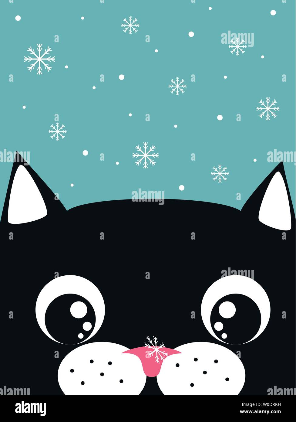Funny Cartoon Cat With Snowflake On The Nose Vector Card Template