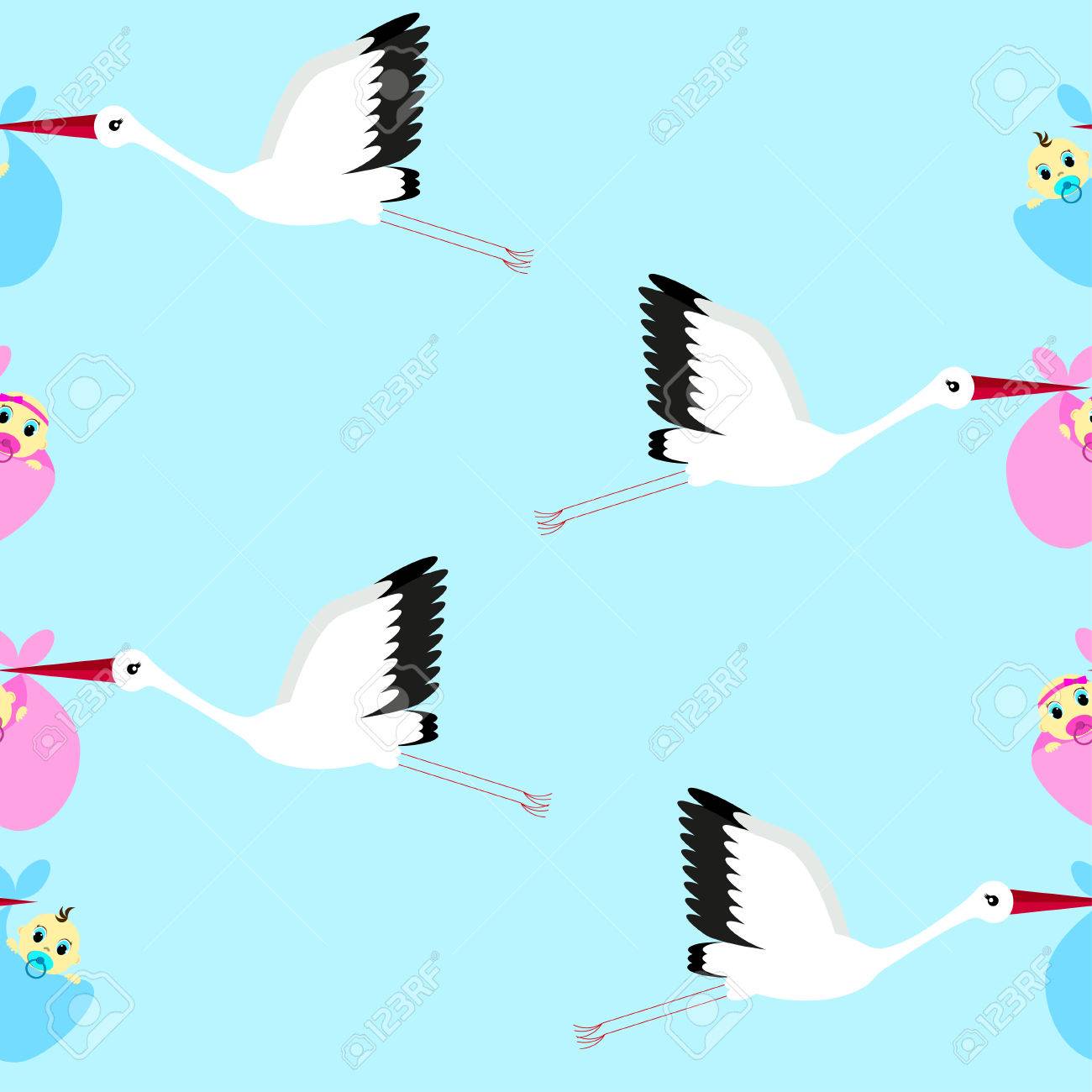 Seamless Background With Storks Carrying Infants On A Sky 1300x1300